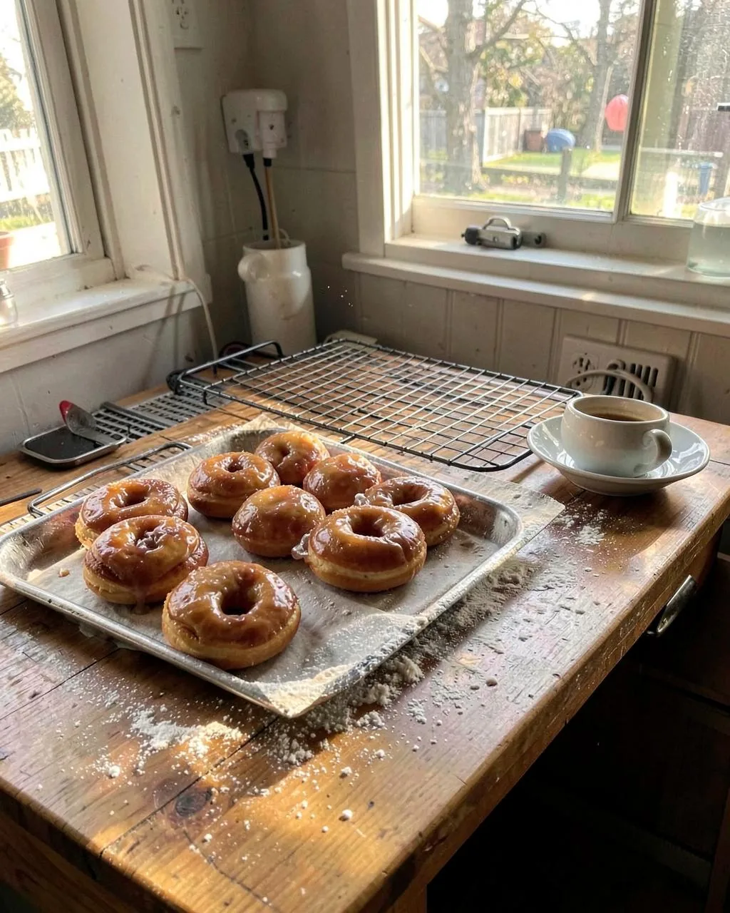 Hands dipping a fresh donut in vanilla glaze in a home kitchen